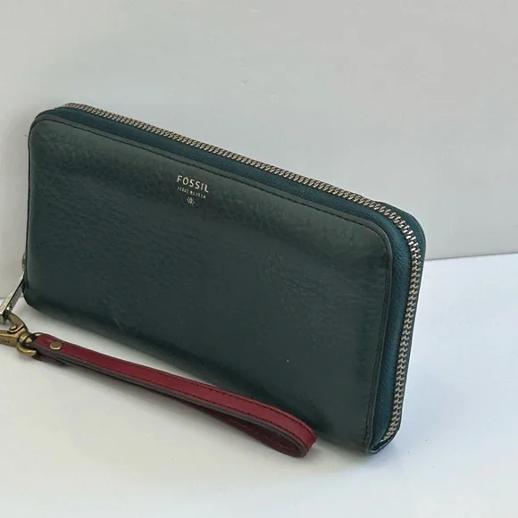 Vintage Fossil Dark Green Leather Zip Around Continental Wallet Wristlet - Picture 5 of 9